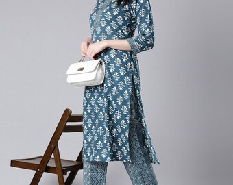 Pakistani  Design Blue Motifs 2pc Suit set,  Pure Cotton Kurta Set with Trousers -Readymade Salwar Kamez for women-Plus size Available 2,3XL