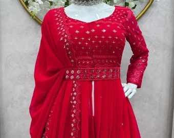 Premium Quality Red Gown Embroidered Georgette Gown Partywear Readymade,  Indian Hit & Latest Designer 3pc Suit Set for Women / Girls Dress. 