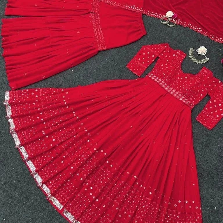 Premium Quality Red Gown Embroidered Georgette Gown Partywear Readymade,  Indian Hit & Latest Designer 3pc Suit Set for Women / Girls Dress. 