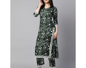 Pakistani Green Cotton Blend Printed Straight Kurta with Palazzo Set for women-2 piece Salwar Kameez Readymade-Dress For EID, Plus Size XL