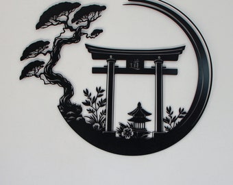 Enso Circle with Torii Gate Metal Wall Decor, Japanese Bedroom Decor, Inspirational Wall Art, Sanmon Bonsai Tree Sign, Japanese Home Decor