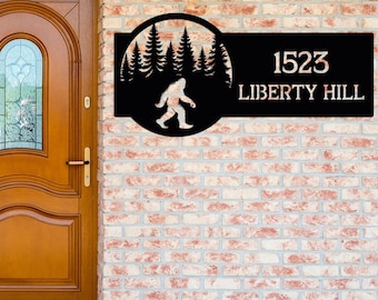 Letrero de dirección personalizado con forma de Bigfoot Sasquatch, divertido letrero de dirección personalizado, letrero con número de casa en el lago, arte de pared para exteriores, letreros de metal con número de casa