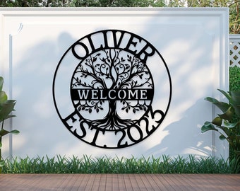 Letrero de metal personalizado de bienvenida, decoración de pared del árbol de la vida, letrero de porche de bienvenida, letrero de bienvenida a casa, decoración de pared al aire libre, arte de pared exterior
