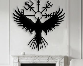 アグレッシブなレイヴンバイキングメタルサイン、北欧のヴェグヴィシルシンボルウォールアート、彼への北欧風装飾ギフト、ゴシックな男の隠れ家ウォールアート、ゲームルーム装飾