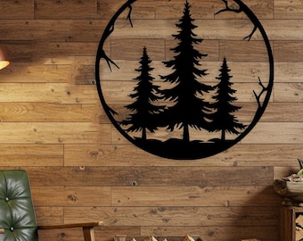 Rustic Pine Tree Metal Wall Art, Cabin Lodge Wall Decor, Nature Forest Wall Art, Above Fireplace Metal Wall Art, Reading Nook Gift