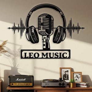 Custom Music Studio Sign, Personalized DJ Wall Art, Headphone Microphone Metal Decor, Musucian Gifts, Sound Wave Signs, Music Lovers Gifts