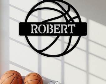 Anpassad basketbollsnamnskylt, anpassad metallskylt, personlig present till honom, spelrumsskylt, Karge basketbollsväggkonst, sportväggdekor