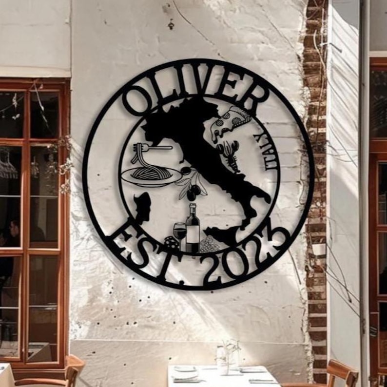 Niestandardowy włoski znak ścienny, włoski znak z jedzeniem, śródziemnomorski wystrój wnętrz, spersonalizowany metalowy znak, wystrój włoskiej restauracji, znak z pizzą i winem zdjęcie 1