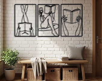 Minimalist Book Lover Wall Art Sets, Female Reading Line Art, Reading Nook Bedroom Decor, Aesthetic Gifts for Her, Reeding Nook Sign