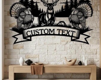Benutzerdefinierte Hirsch und Truthahn Zeichen, personalisierte Jagd Metall Wandkunst, Hüttenwandkunst, Ranch Wandkunst, Outdoor Bauernhaus Zeichen, Türkei Ranch Zeichen