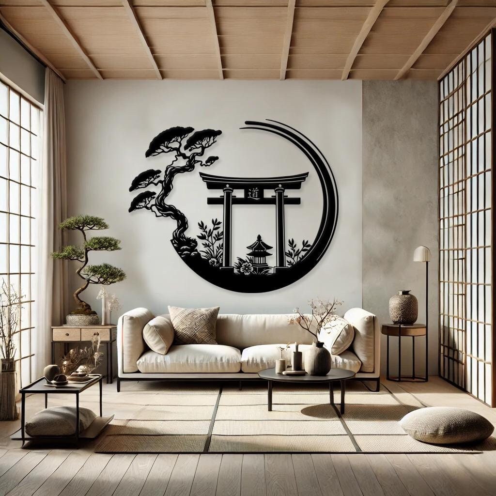 Enso Circle With Torii Gate Metal Wall Decor, Japanese Bedroom Decor ...