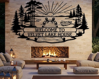 Benutzerdefinierte Lake House Schild, personalisierte Lake Cabin Schild, Sunrise Dock Dekor, Adirondack Stühle Dekor, Terrasse Dekor, Lake House Geschenke
