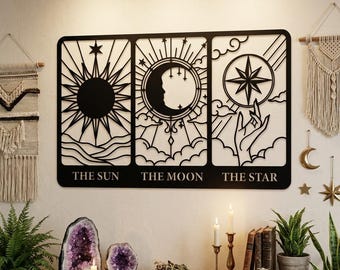 Tarot Card Metal Wall Art, Sun Moon Star Wall Art, Celestial Boho Bedroom Decor, Mystical Reading Room Decor, Tarot Reader Gift