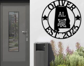 Signo de metal personalizado de Alabama, decoración de pared de metal de camelia, signo de estado de Al, signo de bienvenida de Alabama, decoración de Alabama al aire libre, signo de nombre personalizado
