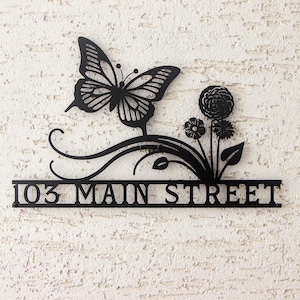 Butterfly with Flowers Custom House Number Sign, Custom Metal Sign, Personalized Home Number Sign, Full Address Sign, House Number Plaque