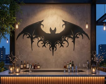 May include: A black metal wall art piece shaped like a stylized bat with intricate, pointed wing details and sharp edges. The bat is mounted centrally on a smooth, light-colored wall above a bar counter, featuring a symmetrical, dark silhouette.