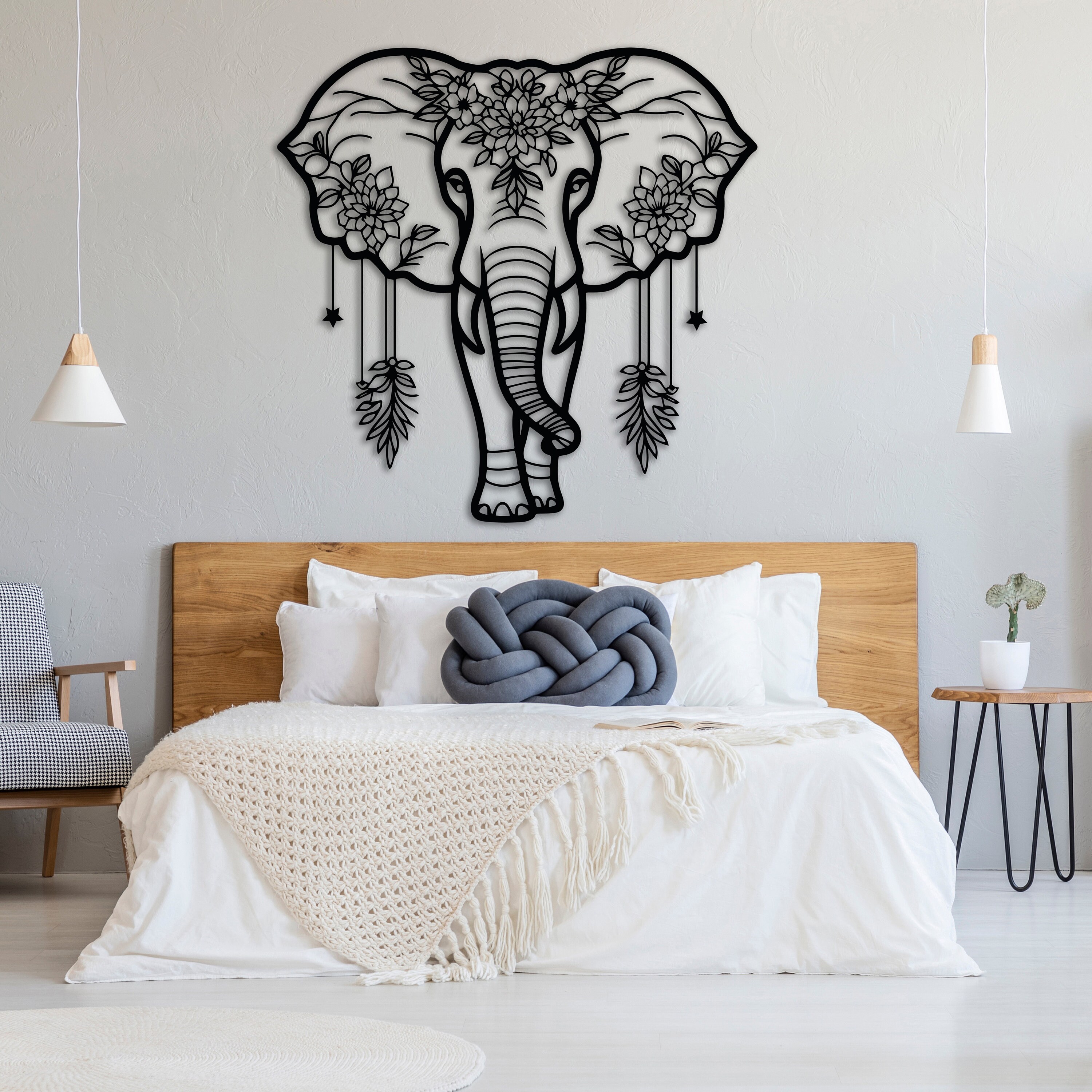 Floral Elephant Decor for Living Room, Boho Room Decor, Metal Elephant