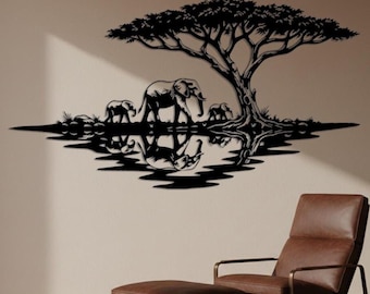 Safari Elefant Metallwandkunst, afrikanische Savannenbaum-Dekor über Couch, großes Wohnzimmerdekor, rustikales Kabine-Dekor, Elefanten-Liebhaber-Geschenke