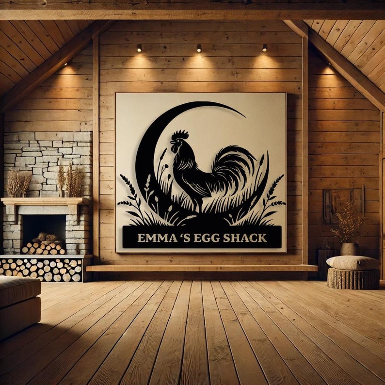 May include: A black metal sign featuring a rooster silhouette within a crescent moon and tall grass design. The sign reads "EMMA'S EGG SHACK" in a rectangular banner. The sign is displayed in a rustic wooden interior.