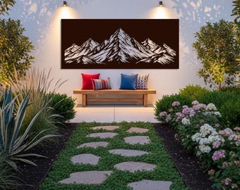 Minimalistischer Berg Metallwanddekor, modernes Bergschild, Alpine Landschaftswanddekor, große Bergwandkunst, große Wohnzimmerwandkunst