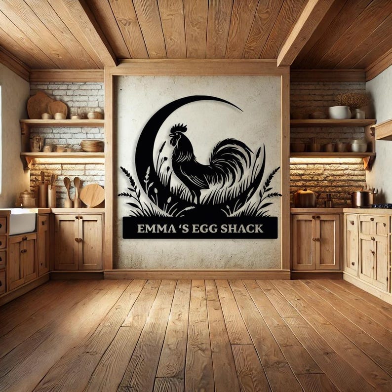 May include: Black metal rooster wall art with the text "EMMA'S EGG SHACK". The rooster is silhouetted against a crescent moon and tall grass. The art is displayed in a rustic kitchen setting with wooden cabinets and flooring.