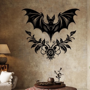 Victorian Gothic Metal Wall Decor, Gothic Bat and Rose Living Room Decor, Gothic Bat Bedroom Wall Decor, Halloween Bat Decoration