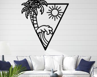Great Waves and Palm Tree Metal Wall Art, Nautical Living Room Wall Decor, Beach Room Decor, Beach House Wall Decor, Tropical Metal Wall Art