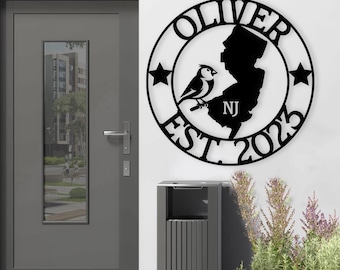 Letrero de metal personalizado de Nueva Jersey, decoración de pared de metal de jilguero oriental, letrero del estado de Nueva Jersey, letrero de bienvenida de Nueva Jersey, decoración al aire libre de Nueva Jersey