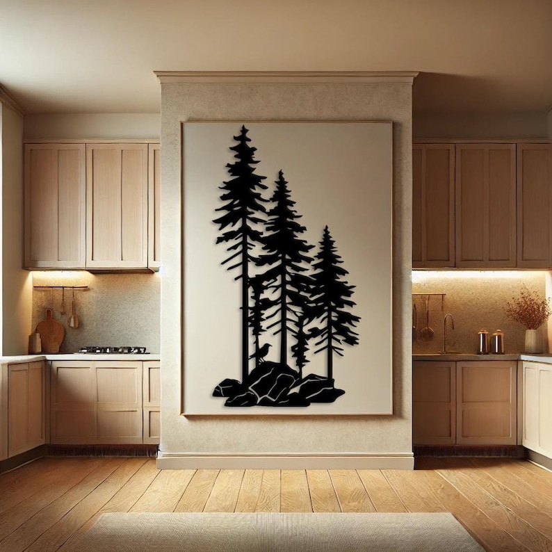 May include: Black metal wall art featuring a silhouette of a group of pine trees with a bird perched on a rock. The art is mounted on a white wall in a modern kitchen.