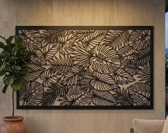 Tropische Blätter Metallwandkunst, Strandhaus-Wanddekor, große horizontale Wanddekoration, modernes Wohnzimmerdekor, minimalistisches Schlafzimmerdekor