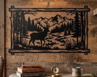 Berg Hirsch Metall Wandkunst, moderne rustikale Wohnzimmer Wandkunst, große Hütte Wanddekor, über dem Kamin Schild, Feuerstelle Außenwandkunst