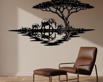 Safari Elephant Metal Wall Art, African Savanna Tree Decor Above Couch, Large Living Room Decor, Rustic Cabin Decor, Elephant Lover Gifts