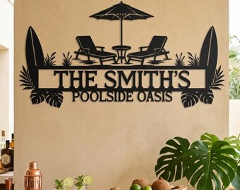 Familien-Poolparadies, personalisiertes Poolschild, individuelles Metallschild, moderne horizontale Außendekoration, Surfbrett-Terrassenschild, Sommergeschenke für Gastgeber