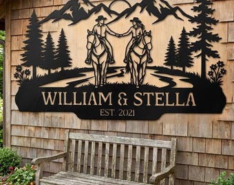 Personalized Horse Couple Sign, Custom Western Wedding Plaque, Mountain Ranch Metal Wall Art, Rustic Newlywed Home Decor, Equestrian Gift