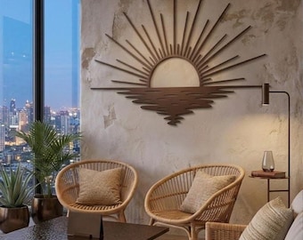Große Sunrise Wandkunst, Sunset Home Decor, Sun Metal Wanddekoration für Wohnzimmer, Ocean Nautical Wanddekor, moderne Wohnzimmerdekoration