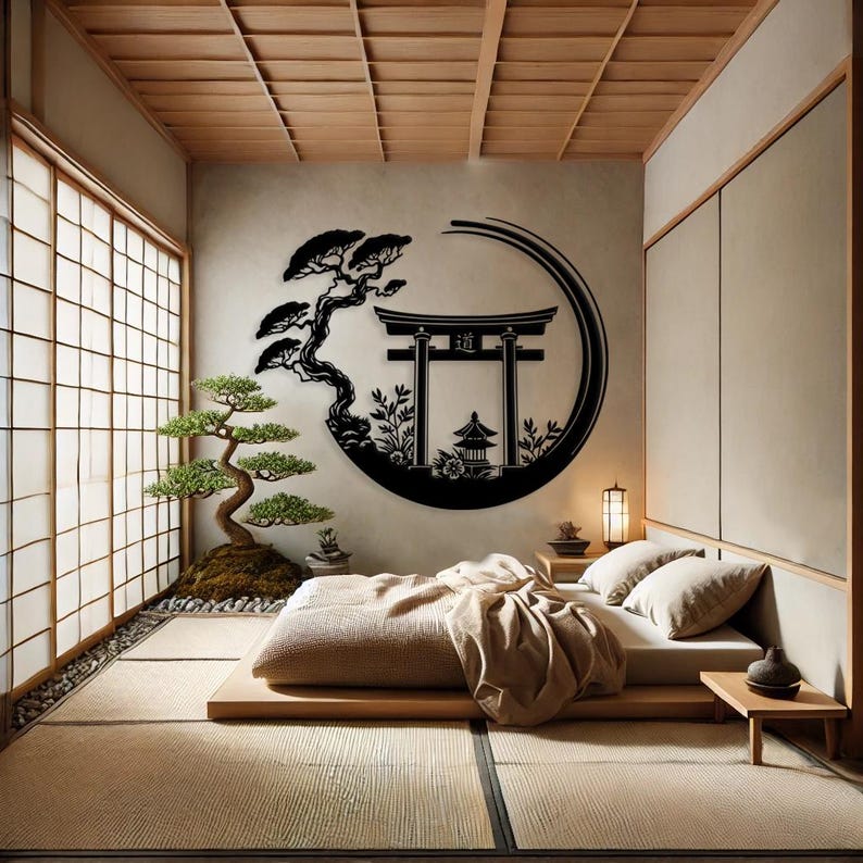 Enso Circle With Torii Gate Metal Wall Decor, Japanese Bedroom Decor