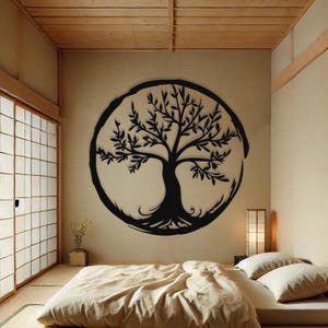 Cercle des Lumières, décoration murale de salon bohème, cercle Enso et décoration d'arbre de vie bonsaï, art mural extérieur en métal, art mural de chambre à coucher image 1
