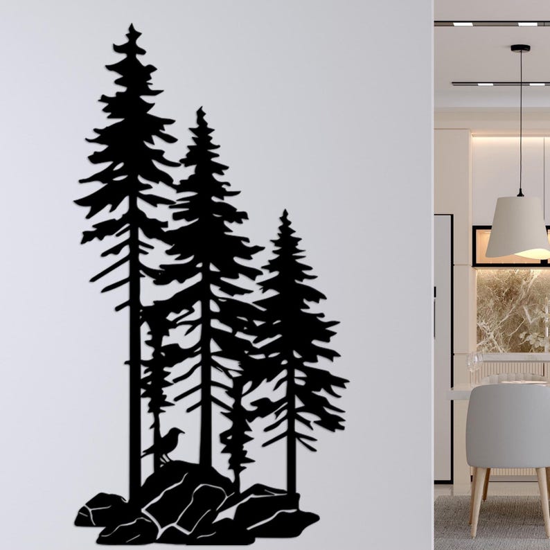 A Family of Pines on a Rock Metal Wall Art, Black Forest Wall Art, Majestic Pine Trees Metal Wall Decor, Narrow Large Vertical Wall Art image 1