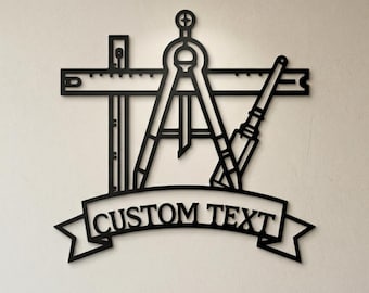 Benutzerdefinierte Architekt Ausarbeitung Zeichen, personalisierte Bagger-Werkstatt Zeichen, Metall Kompass Lineal, kundenspezifische Konstruktion Büroschild, Architekten Geschenke