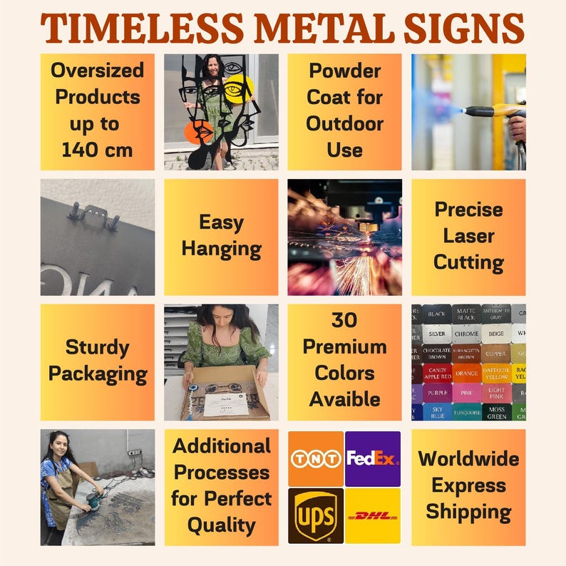 May include: Promotional image for timeless metal signs. Features include oversized products up to 55 inches, powder coating for outdoor use, easy hanging, precise laser cutting, sturdy packaging, 30 premium colors available, and worldwide express shipping.