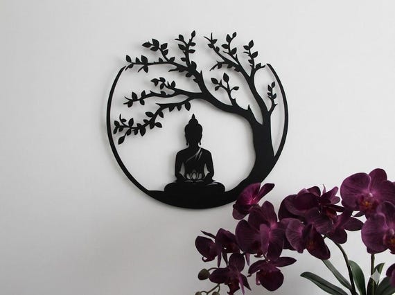 Tree of Life and Buddha Metal Wall Decor, Large Buddha Wall Art