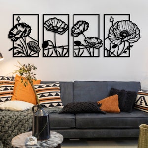 Metal Poppy Wall Art, Red Poppy Decor, Boho Wall Decor Living Room, Luxury Modern Wall Art, Metal Flower Wall Art, Framed Wall Art Set of 4