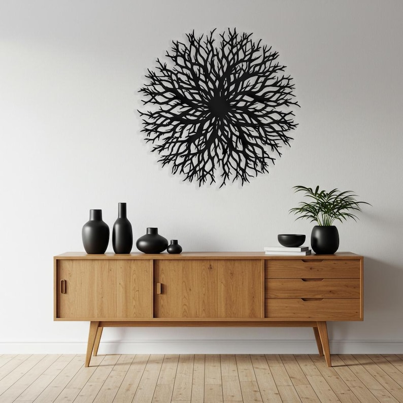 Decoración de pared redonda abstracta para chimenea, decoración de pared metálica sobre sofá, decoración contemporánea para sala de estar, arte de pared metálico moderno con forma de árbol de la vida. imagen 7