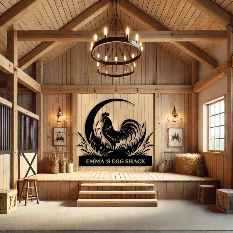 May include: A black metal sign featuring a rooster silhouette within a crescent moon and tall grass design. The text "EMMA'S EGG SHACK" is below the image. The sign is displayed on a wooden stage inside a barn.