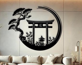 Enso Circle with Torii Gate Metal Wall Decor, Japanese Bedroom Decor, Inspirational Wall Art, Sanmon Bonsai Tree Sign, Japanese Home Decor