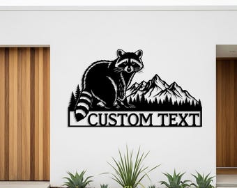Custom Raccoon Metal Sign, Cabin Wall Art, Rustic Wildlife Lodge Sign, Mountain Outdoor Wall Decor, Lake House Sign, Personalized Name Sign