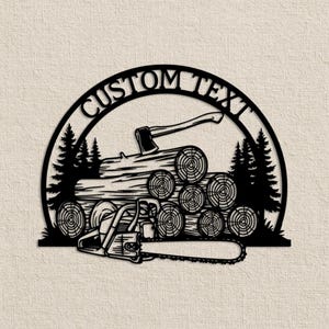 May include: Black metal wall art featuring a lumberjack theme. The design includes an axe, a chainsaw, stacked logs, and pine trees, all under an arch with the words "CUSTOM TEXT".