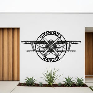 Custom Airplane Hangar Sign, Personalized Metal Pilot Wall Art, Outdoor Aviation Decor, Retro Biplane Name Sign, Best Gift for Aviator