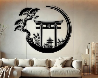 Decorazione da parete in metallo con cerchio Enso e cancello Torii, decorazione da camera da letto giapponese, arte murale ispiratrice, cartello con albero bonsai Sanmon, arredamento per la casa giapponese