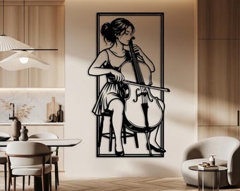 Cello Player Wall Art, Vertical Classical Music Decor, Elegant Musician Wall Decor, Bedroom Music Room Decor, Cello Lover Gifts for Her